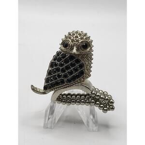 Vintage Owl Stretch Ring Black Rhinestone 3D Statement